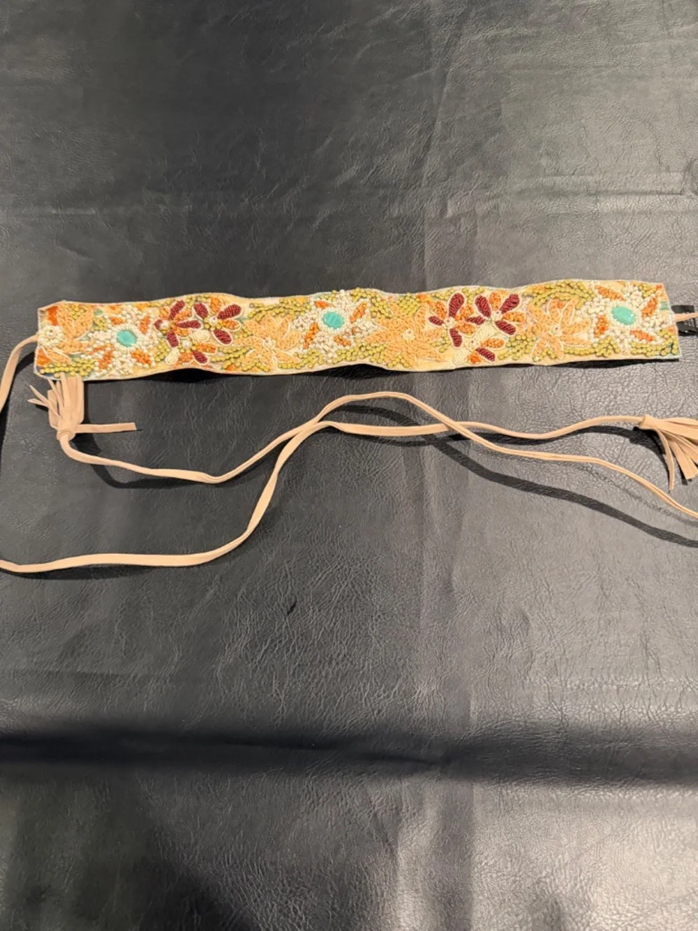 Anthropologie Beaded Leather Obi Belt One Size
